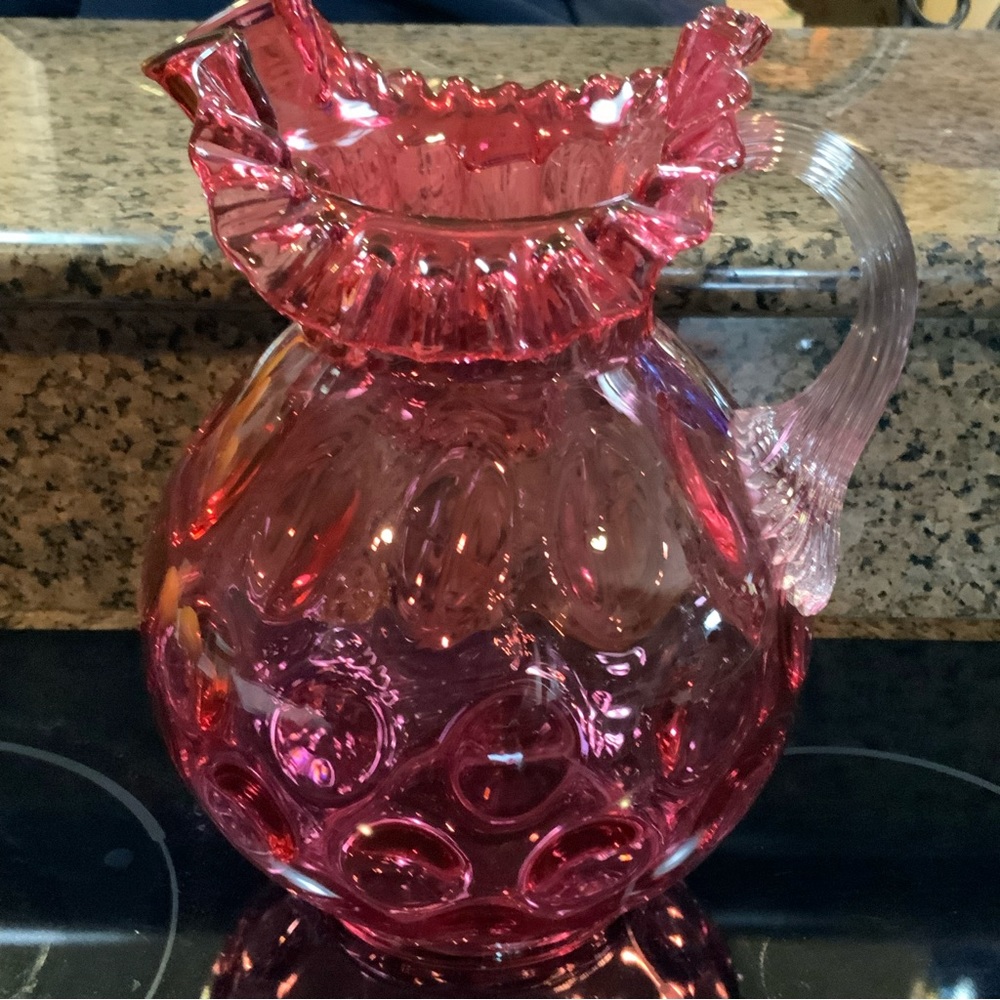 Fenton Pitcher Coin Spot Crimped Top Applied Handle Cranberry Vintage Glass